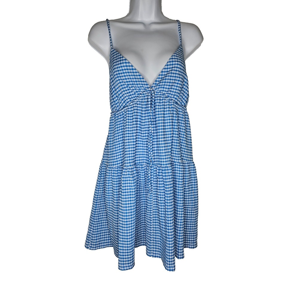 BP Gingham Smocked Dress Blue White Tiered Sundress Cottagecore S